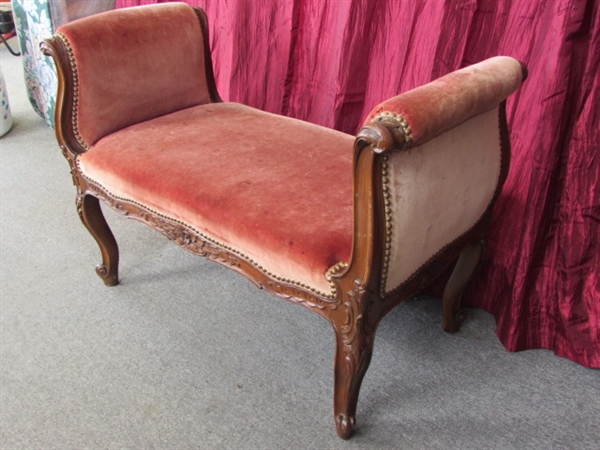 GORGEOUS ANTIQUE ROLLED ARM BENCH WITH ORNATELY CARVED DETAILS & ORIGINAL FABRIC