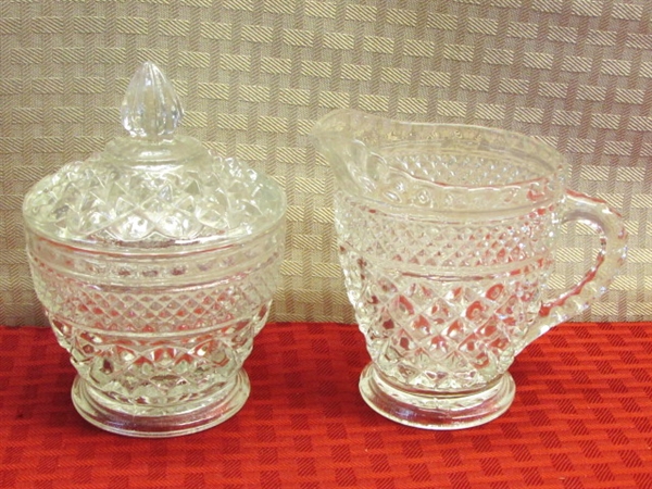 VINTAGE DIAMOND GLASS WEXFORD CREAMER & SUGAR BOWL, GLASS CHEESE DOME, CUPS & SAUCERS & MORE