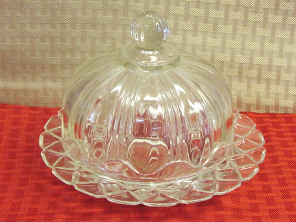 VINTAGE DIAMOND GLASS WEXFORD CREAMER & SUGAR BOWL, GLASS CHEESE DOME, CUPS & SAUCERS & MORE