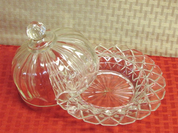 VINTAGE DIAMOND GLASS WEXFORD CREAMER & SUGAR BOWL, GLASS CHEESE DOME, CUPS & SAUCERS & MORE