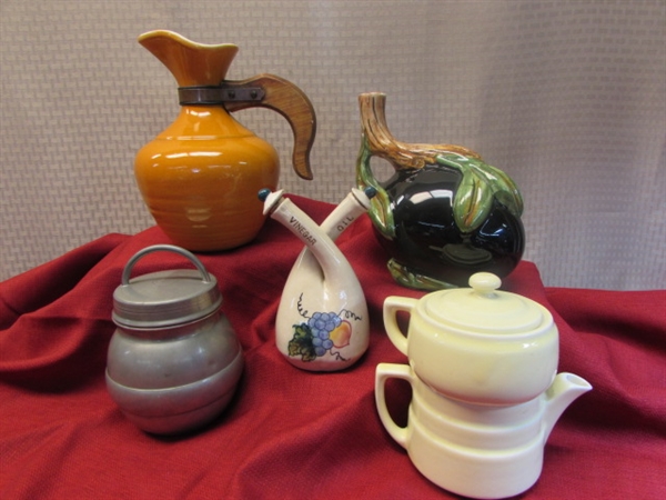 VINTAGE FRANCISCAN CARAFE, COORSITE TEA INFUSER SET, VINEGAR & OIL DECANTERS, & HUMIDOR-1930'S