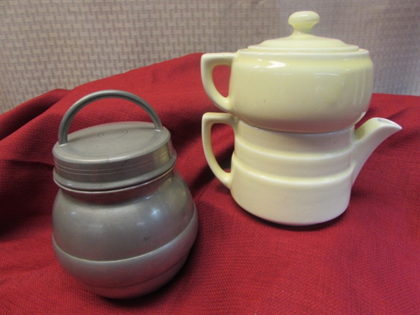 VINTAGE FRANCISCAN CARAFE, COORSITE TEA INFUSER SET, VINEGAR & OIL DECANTERS, & HUMIDOR-1930'S