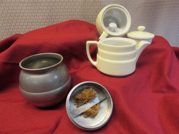 VINTAGE FRANCISCAN CARAFE, COORSITE TEA INFUSER SET, VINEGAR & OIL DECANTERS, & HUMIDOR-1930'S