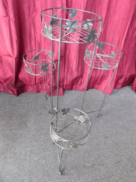 METAL PLANT STAND AND DARLING STEPSTOOL WITH AMISH COUPLE AND FLORAL MOTIF PAINTED ON TOP