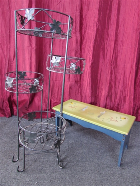METAL PLANT STAND AND DARLING STEPSTOOL WITH AMISH COUPLE AND FLORAL MOTIF PAINTED ON TOP