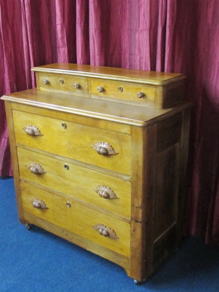 SIMPLY CHARMING, ALL WOOD ANTIQUE DRESSER WITH CARVED PULLS, LOCKS & 2 NOTION DRAWERS ON TOP