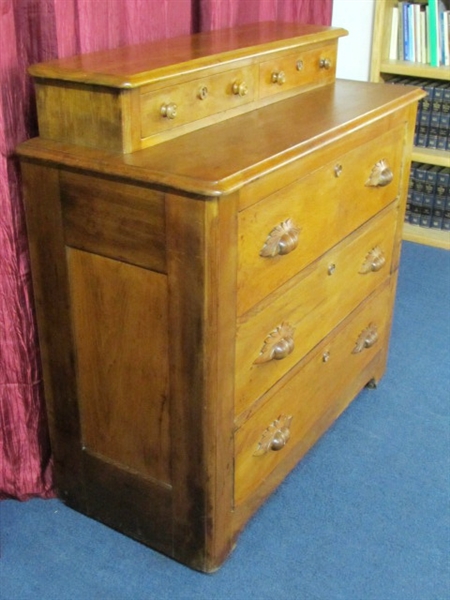 SIMPLY CHARMING, ALL WOOD ANTIQUE DRESSER WITH CARVED PULLS, LOCKS & 2 NOTION DRAWERS ON TOP