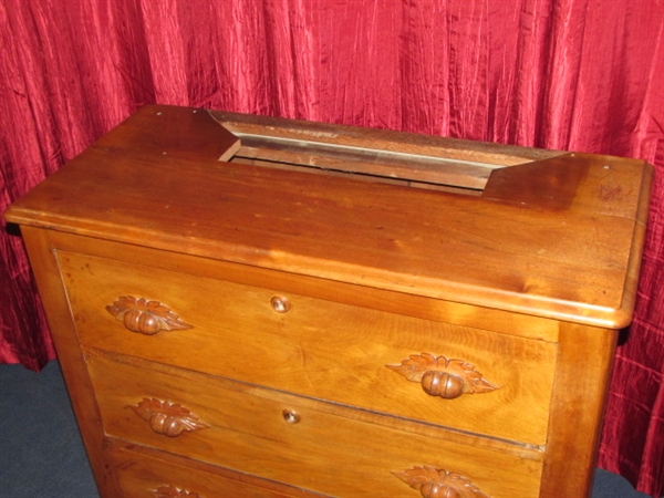 SIMPLY CHARMING, ALL WOOD ANTIQUE DRESSER WITH CARVED PULLS, LOCKS & 2 NOTION DRAWERS ON TOP