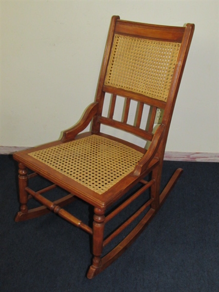 SUPER CUTE ANTIQUE WOOD & RATTAN ROCKING CHAIR