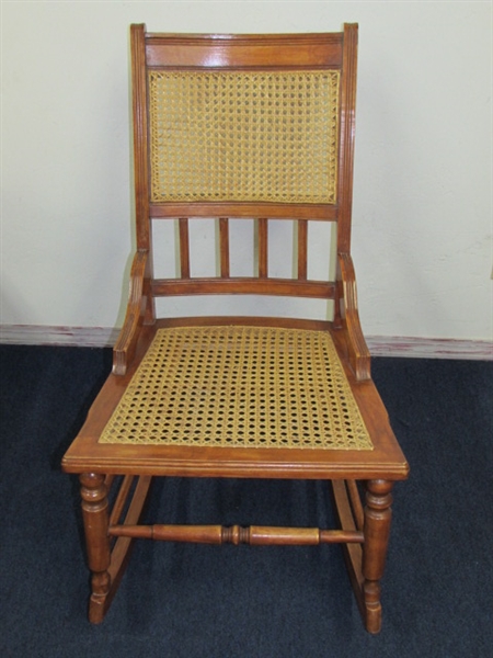 SUPER CUTE ANTIQUE WOOD & RATTAN ROCKING CHAIR