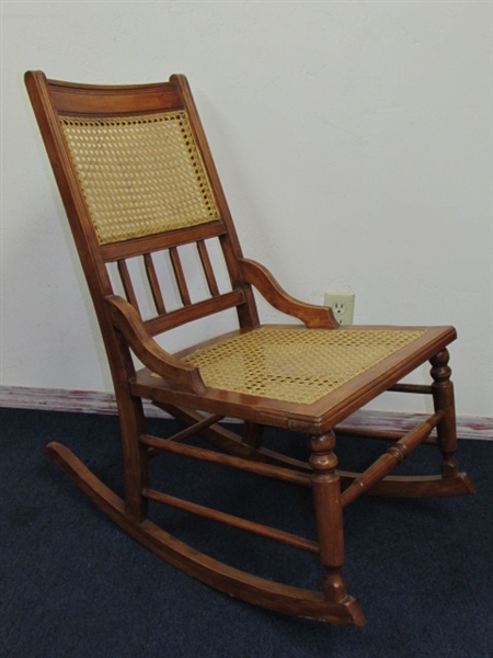 SUPER CUTE ANTIQUE WOOD & RATTAN ROCKING CHAIR