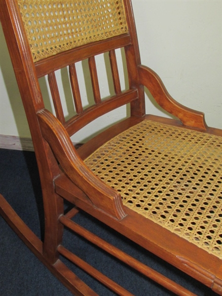 SUPER CUTE ANTIQUE WOOD & RATTAN ROCKING CHAIR