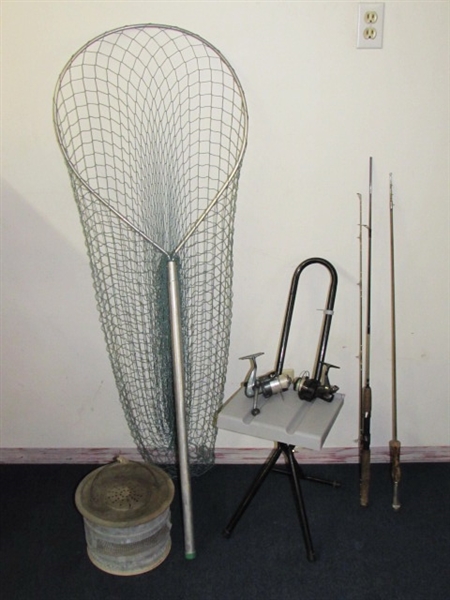 FOLDING CHAIR, VINTAGE METAL BAIT BUCKET, COLLECTIBLE BRISTOL POLE, NET & MORE FOR YOUR FISHING PLEASURE!