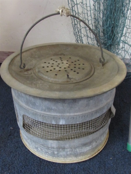 FOLDING CHAIR, VINTAGE METAL BAIT BUCKET, COLLECTIBLE BRISTOL POLE, NET & MORE FOR YOUR FISHING PLEASURE!