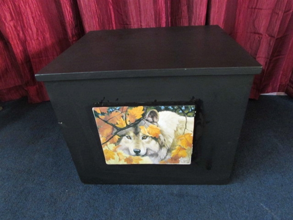 THE WOLF BOX: ACCENT PIECE, STORAGE, BENCH, WOOD-BOX, END-TABLE, PEDESTAL FOR ARTWORK!