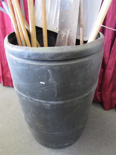 STOCK UP YOUR GARDEN SHED - LARGE BARREL WITH TOOLS, POLE PRUNER, SHOVELS, RAKES & MORE