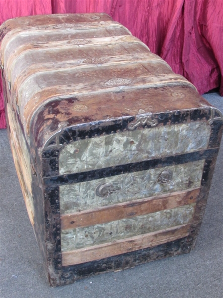 WONDERFUL ANTIQUE STEAMER TRUNK WITH ORNATE METAL HARDWARE & ACCENTS!