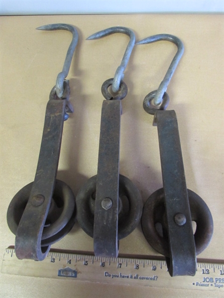 TRIO OF VINTAGE HOOKS ON TROLLEYS-GREAT INDUSTRIAL LOOK!