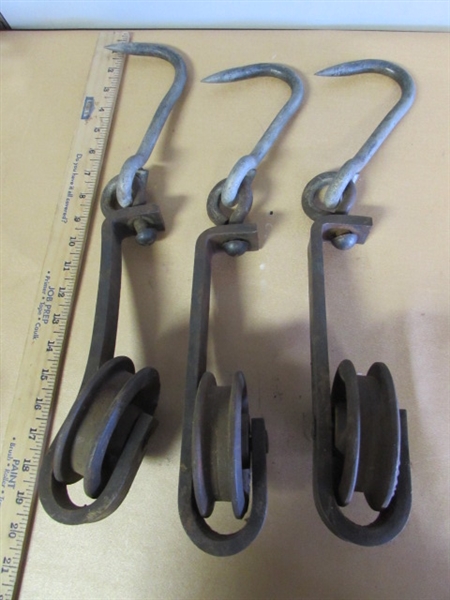 TRIO OF VINTAGE HOOKS ON TROLLEYS-GREAT INDUSTRIAL LOOK!