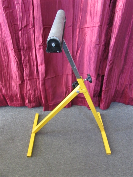 ROLLER STAND LUMBER SUPPORT (DEADMAN) FREE-STANDING WITH ADJUSTABLE HEIGHT.