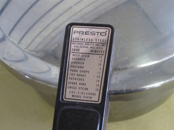 FOUR QUART PRESTO PRESSURE COOKER, POTS & PANS REVERE WARE & STAINLESS STEEL, UTENSILS & MORE