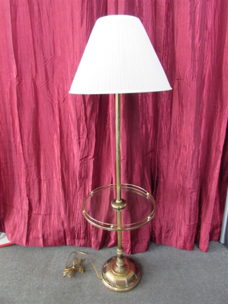 CLASSY BRASS & GLASS COMBO FLOOR LAMP & TABLE