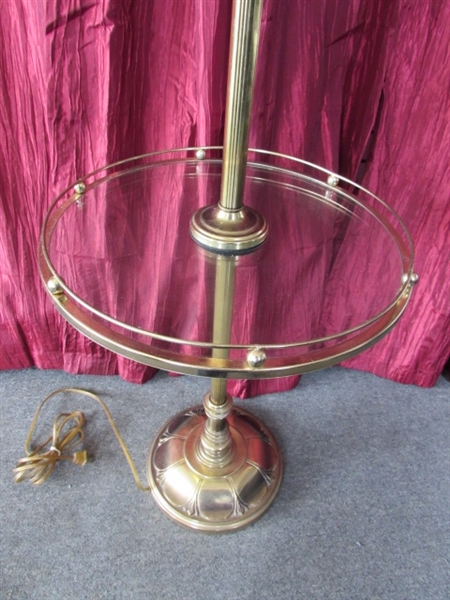 CLASSY BRASS & GLASS COMBO FLOOR LAMP & TABLE