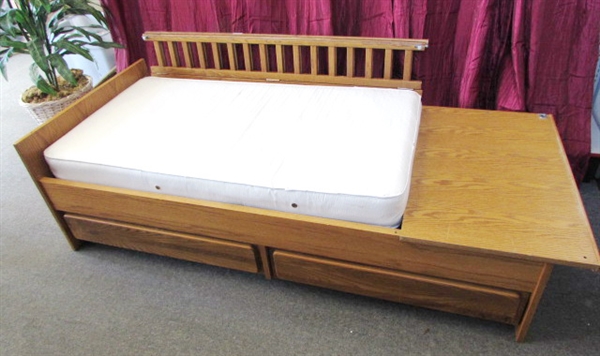 ATTRACTIVE OAK CONVERTIBLE CRIB-YOUTH BED WITH 2 DRAWER BASE