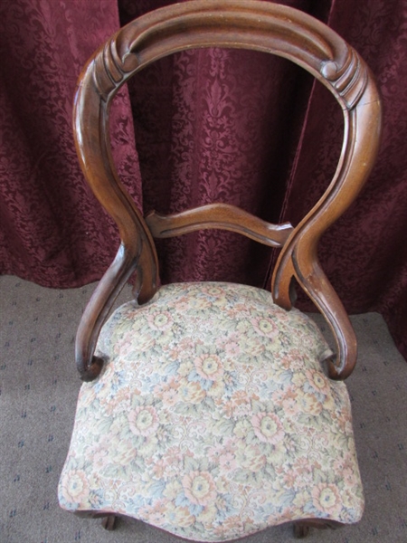 ANTIQUE VICTORIAN CARVED BALLOON BACK & UPHOLSTERED CHAIR #2