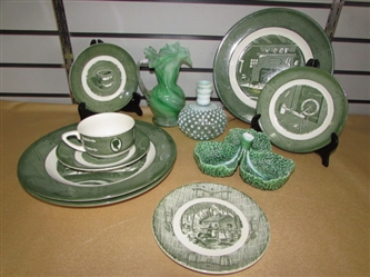 GORGEOUS HAND BLOWN RUFFLE GLASS & GREEN HOBNAIL VASES, COLONIAL HOMESTEAD TRANSFERWARE & MORE