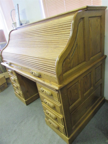 OAK ROLL TOP DESK WITH CARVED HANDLES, DESIGNED FOR TODAY'S COMPUTERS!  **NO RESERVE!**