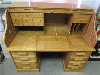 OAK ROLL TOP DESK WITH CARVED HANDLES, DESIGNED FOR TODAYS COMPUTERS!  **NO RESERVE!**