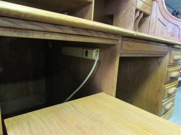 WONDERFUL OAK ROLL TOP DESK WITH CARVED HANDLES, CONVENIENT SIZE & DESIGNED FOR TODAY'S COMPUTERS!