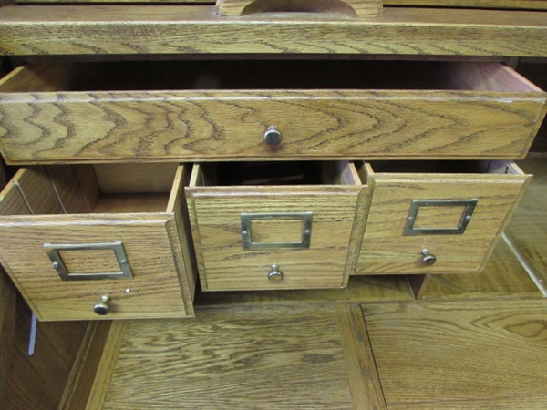 WONDERFUL OAK ROLL TOP DESK WITH CARVED HANDLES, CONVENIENT SIZE & DESIGNED FOR TODAY'S COMPUTERS!