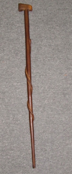 VERY UNIQUE & OLD SOLID WOOD CANE WITH CARVED SNAKE MOTIF