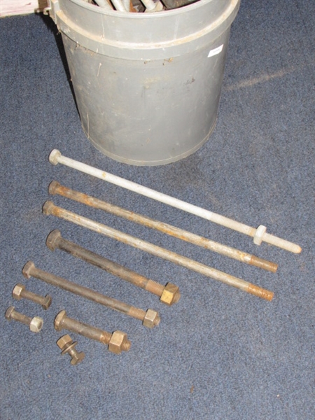 BUCKET O' NUTS & BOLTS - VARIOUS HEX & SQUARE HEAD BOLTS, SOME VERY LARGE