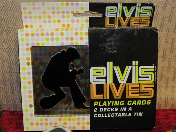 COLLECTIBLE ELVIS MEMORABILIA-PLAYING CARDS, TIN & FIGURINES