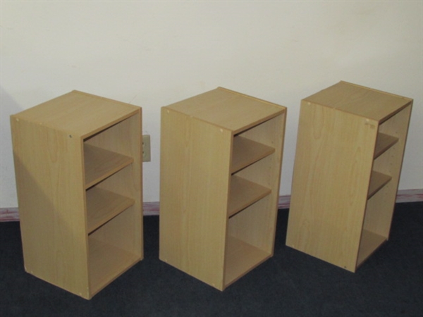 THREE SMALL SHELVING UNITS WITH ADJUSTABLE SHELVES-SIDE BY SIDE OR STACK THEM ONE LARGER UNIT