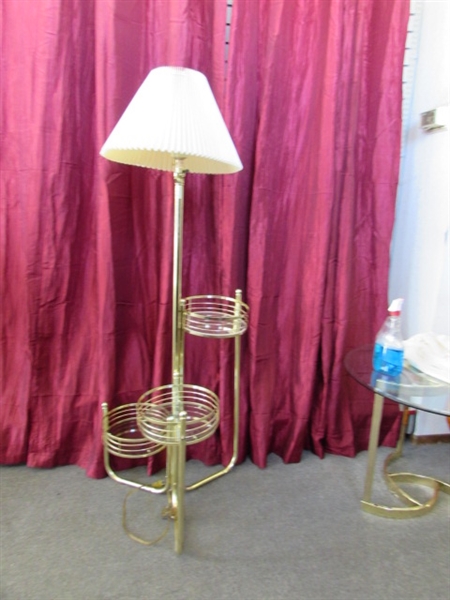 ATTRACTIVE POLISHED BRASS FLOOR LAMP WITH THREE TIERED HOLDERS-PLANT STAND? YOU NAME IT!