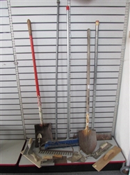 CEMENT WORKING TOOLS-TWO SHOVELS, TROWELS, SPREADER, EDGER & MORE