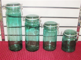 FOUR PIECE KITCHEN CANISTER SET IN BEAUTIFUL GREEN GLASS