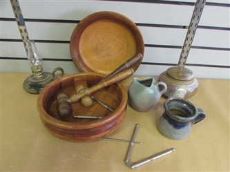 NICE COUNTRY STYLE POTTERY LAMP, MUG, LIDDED POT, WOODEN BOWLS & MORE!