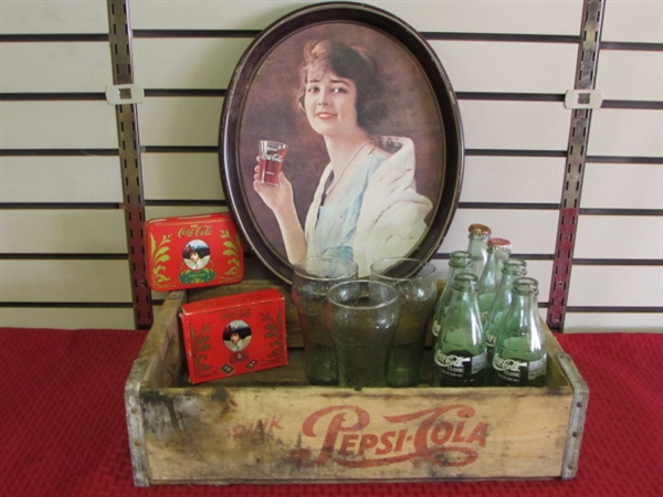 COKE COLLECTIBLES IN A RUSTIC PEPSI CRATE! TRAY, NEW 2 PACK PLAYING CARDS, BOTTLES & GLASSES