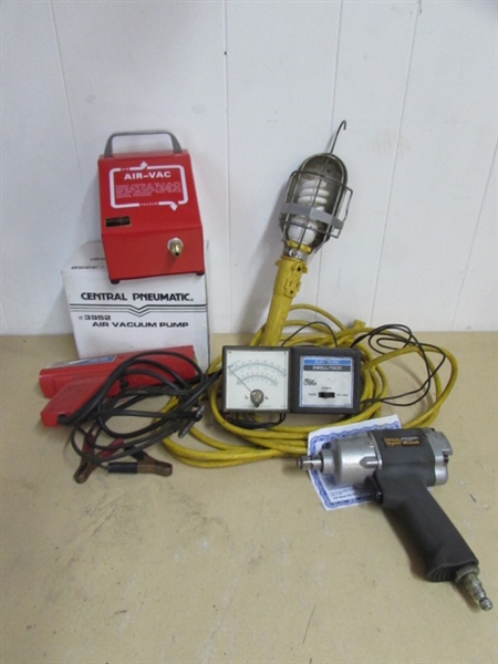 AIR IMPACT WRENCH, SHOP LIGHT, TIMING LIGHT, DWELL/TACH METER AND AIR VACUUM PUMP