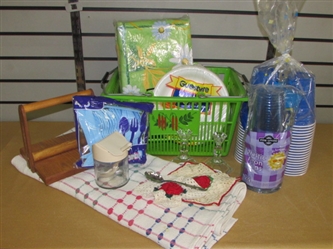 PACK A PICNIC-CUTE RETRO BASKET WITH 2 TABLECLOTHS, CUPS, PLATES, CRYSTAL CANDLESTICKS & MORE