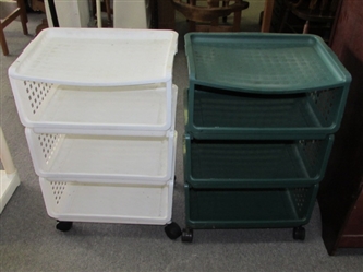TWO HANDY RUBBERMAID ROLLING 3 TIER CARTS