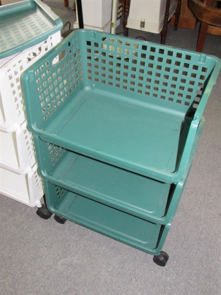 TWO HANDY RUBBERMAID ROLLING 3 TIER CARTS
