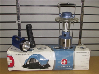 NEW IN BOX WENGER BACKPACKING GEODESIC DOME TENT, GE LANTERN & 2 FLASHLIGHTS