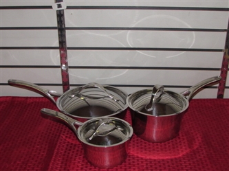 THREE ANOLON NOUVELLE COPPER CORE STAINLESS STEEL POTS WITH LIDS
