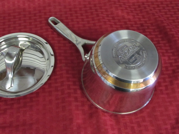 THREE ANOLON NOUVELLE COPPER CORE STAINLESS STEEL POTS WITH LIDS